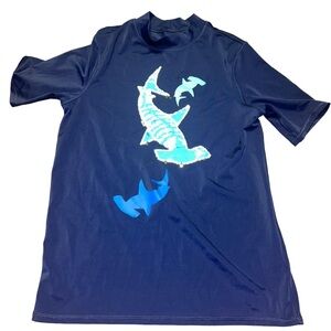 Lands’end Boys Long Sleeve Mock Neck navy shark UPF 50 Swim Rash Guard 14/16